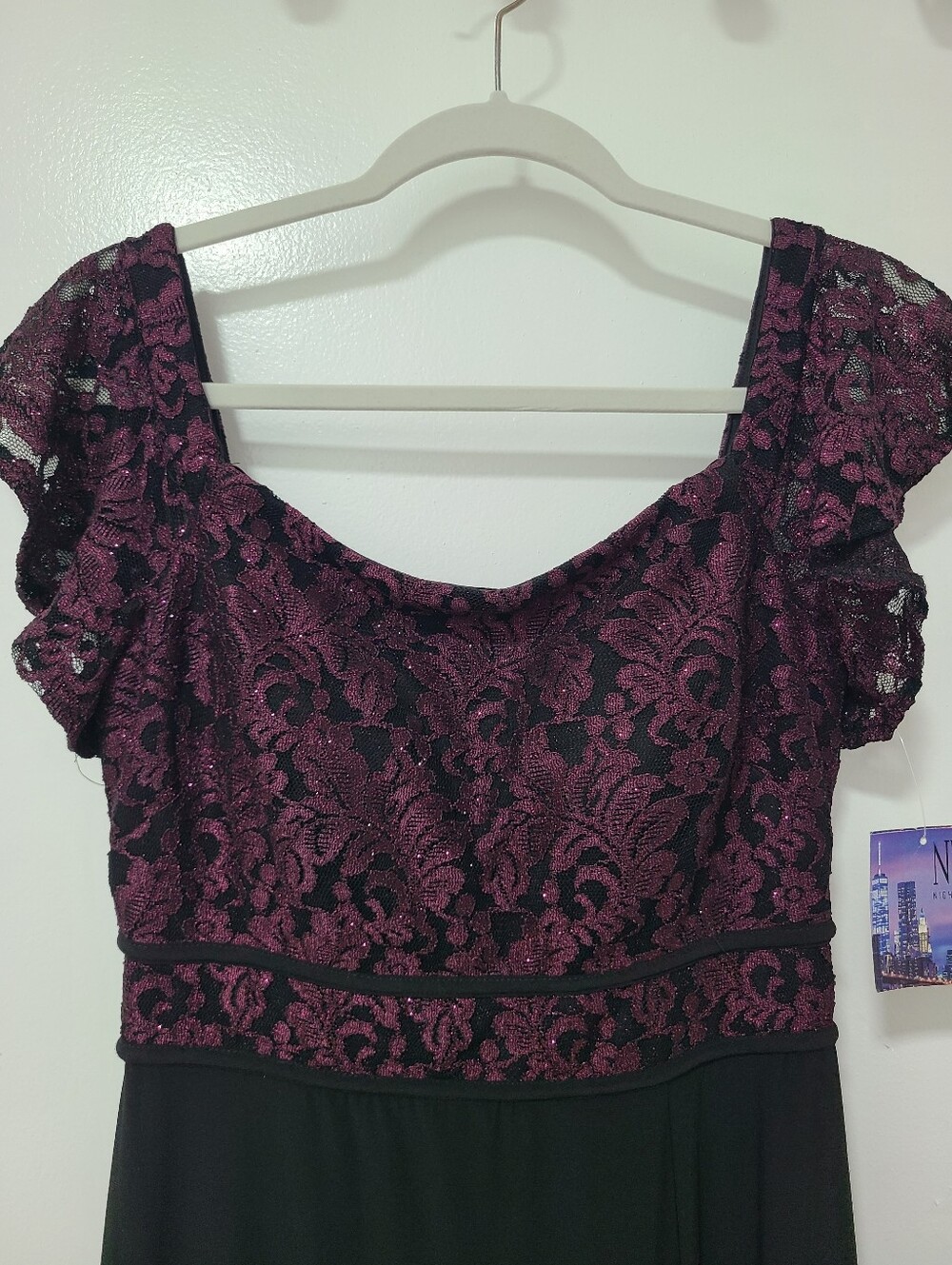 Night Way Collections Black Maxi Dress with Plum Lace Bodice - Picture 3 of 6